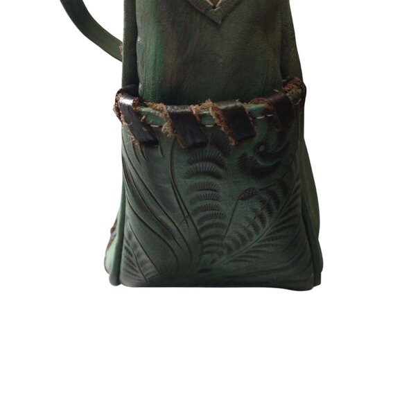 American West Hand Tooled Leather Shoulder Bag Green Vintage Boho Western - Picture 8 of 14